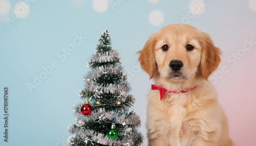 Pet puppy christmas golden festive cute tinsel tree calm pet puppy at christmas beside small tree