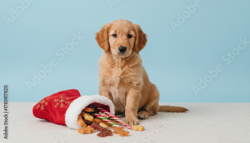 Cute puppy, festive, holiday, candy cane, stocking, pet christmas scene