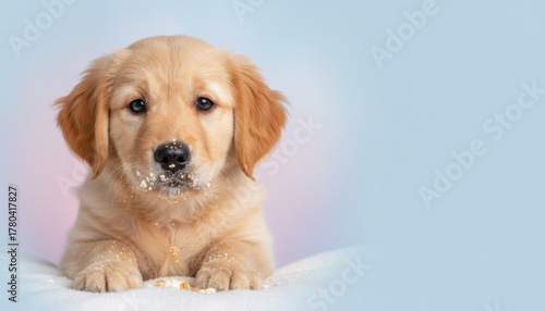 Puppy, golden retriever, cute, christmas, pet with snowy crumbs on nose looks innocent