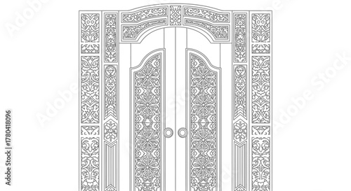 Detailed Line Art Drawing of an Ornate, Carved Double Door or Gate with Intricate Decoration