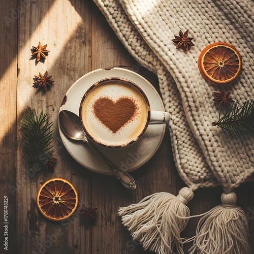 Warm cup of coffee with cinnamon and knitted scarf in a cozy winter flat lay. Soft shadows and vintage aesthetic create a comforting seasonal atmosphere, perfect for holiday designs