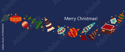 Christmas background with New Year's decorations and cute baubles. "Merry Christmas" inscription. Winter vector illustration on a blue background.