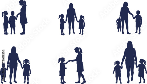 Parent child silhouettes, family bonding vector, adult with kids, parenting illustration, caregiver interaction, emotional connection, father mother children, white background