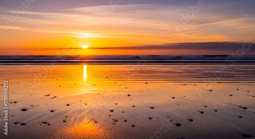 Beach sunset ocean water sand sky sunrise horizon landscape seascape tranquil scenic sunlight glow gold