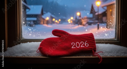 Fototapeta Naklejka Na Ścianę i Meble -  A red mitten sits in a window, snow piled below, overlooking a snowy village with soft lights. A new year is coming