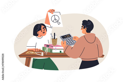 School students studying, learning together at geometry, maths class. Kid pupils, doing homework, solving problem in team. Education concept. Flat vector illustration isolated on white background