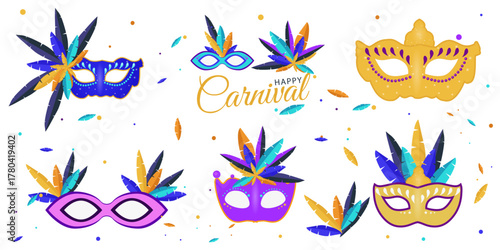 A vibrant set of vector carnival masks with feathers and confetti. Perfect for posters, banners, invitations, and festival, masquerade, party, and holiday campaign web design.
