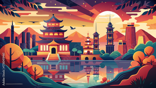 Very beautiful Hanoi travel poster in cinematic minimal vector style, featuring simplified skyline with Hoan Kiem Lake, traditional rooftops, and warm sunset tones, clean geometric shapes creating an 