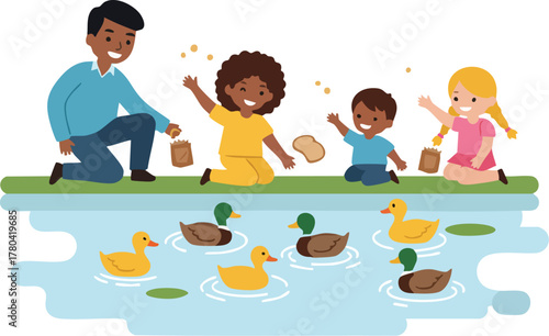 Family feeding ducks on a pond with bread