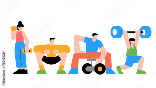 Colorful, flat geometric illustration of four people performing various exercises: bicep curls, squats, seated rows, and overhead lunges, representing fitness.