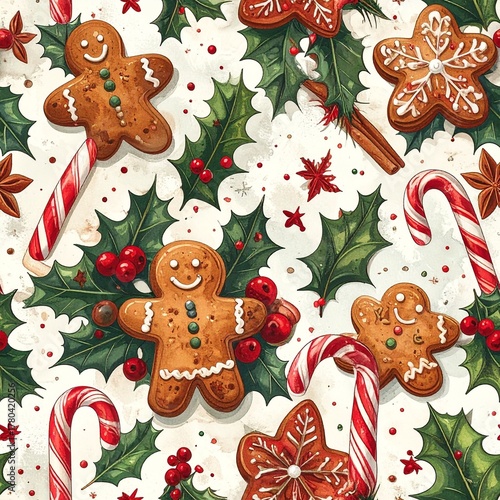 Festive Christmas Pattern with Gingerbread Cookies Candy Canes and Holly Berries in Watercolor Style