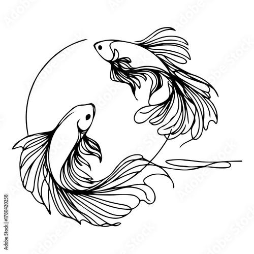 Elegant Line Art of Two Siamese Fighting Fish  in a Circle