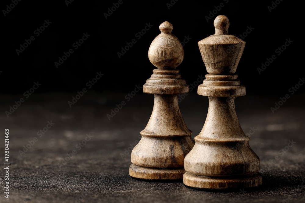 Fototapeta premium A dramatic close-up highlights two beautifully aged wooden chess pieces, a regal king and a strategic bishop, standing prominently against a dark, textured backdrop. The intricate wood grain and distr
