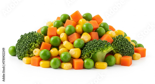Pile of Mixed Vegetables with Broccoli Corn Carrot and Green Peas on White Background
