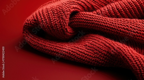 A detailed close-up shot of a richly textured, folded, knitted textile, in a vibrant, saturated red hue. Soft shadows add dimension