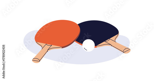Ping pong, small table tennis gear. Rackets and ball, sport game accessories, equipment. Paddle raquets pair for professional match, competition. Flat vector illustration isolated on white background