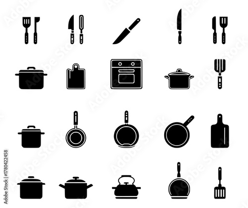 Collection of black cooking utensils and tools on a white background.