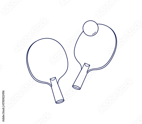 Rackets and ball for ping pong. Small table tennis, sport game equipment, training gear in line art style. Outline linear drawing, paddle raquets. Flat vector illustration isolated on white background