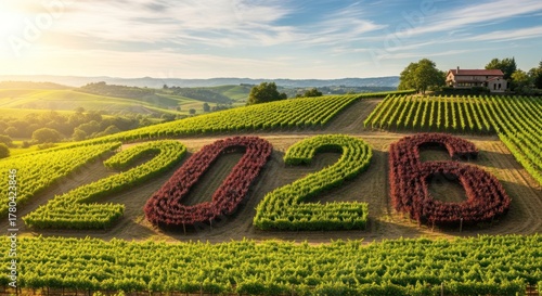 Lush vineyards form rolling hills, showcasing '2026' made of vines, bathed in warm sunlight. A house sits atop a hill