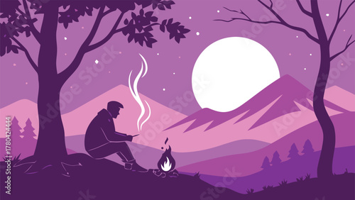 Digital connection in nature A serene illustration of a man by a fire under a moonlit sky
