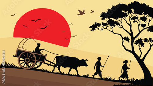 Serene Rural Journey at Sunset A Silhouette Scene of Rustic Life