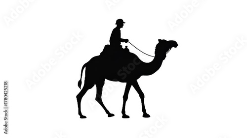 Desert Journey Silhouette: A lone traveler navigates the vast desert landscape, astride a camel.