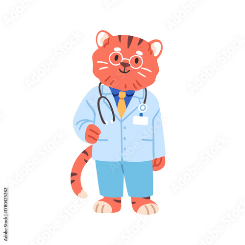 Jungle animal doctor, cute tiger, hospital character. Medic in uniform. Pediatrician, physician doc, vet healthcare professional with stethoscope. Flat vector illustration isolated on white background