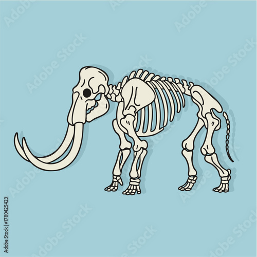 Modern Flat Design Mammoth Fossil Illustration with Curved Tusk for Ancient History Education