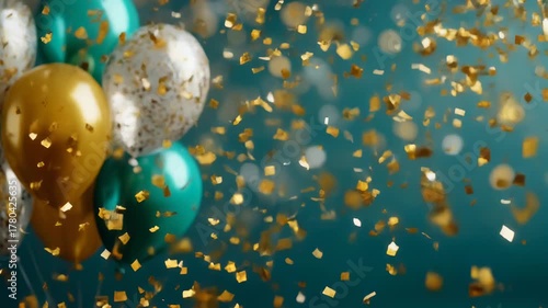 Colorful party balloons with confetti on a festive background for celebrations