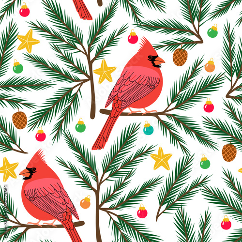 Vector seamless pattern with red cardinals in a festive winter forest