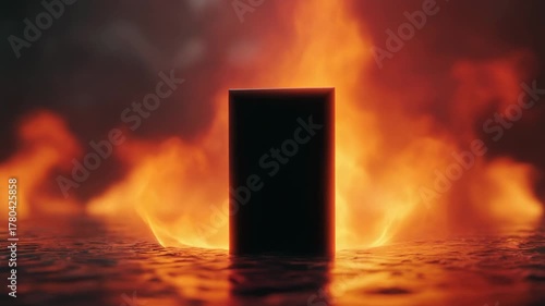 Mysterious dark object silhouetted against fiery background