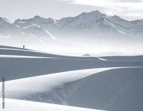 Fototapeta Naklejka Na Ścianę i Meble -  A lone figure on pristine, undulating dunes against a distant mountain range