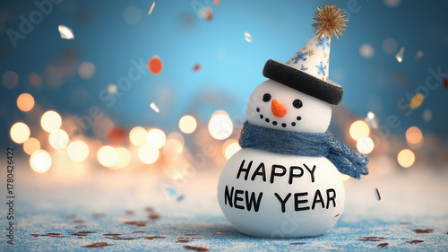 Snowman in front of the lights celebrating new year fun.