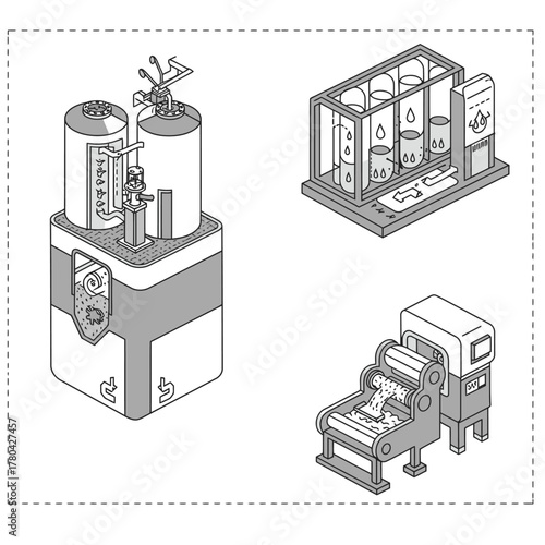 Isometric line art illustrates industrial machinery: a processing tank, liquid dispenser, and conveyor, symbolizing manufacturing, technology, and factory automation.