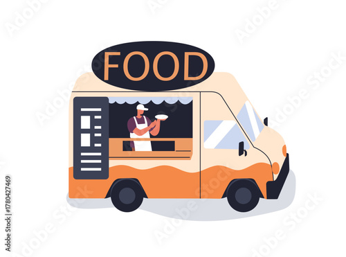 Food truck, street van, auto trailer with outdoor cafe. Caravan for festival catering. Mobile vehicle, wagon on wheels, chef cooking snacks. Flat vector illustration isolated on white background