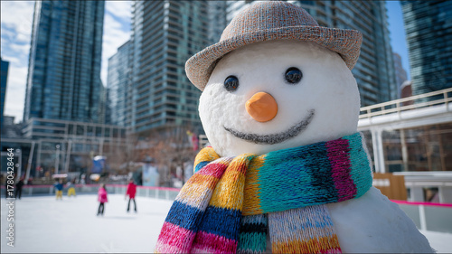 Portrait of a snowman in a park in the winter.