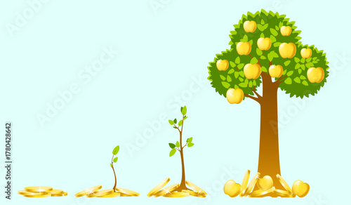 Business growth concept, financial growth, infographics money tree growing from gold coins, vector Illustration
