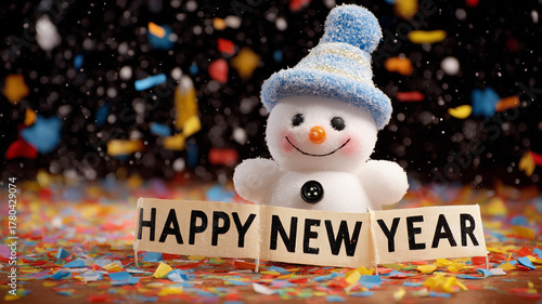 Snowman surrounded by confetti and cheerful celebration vibe.