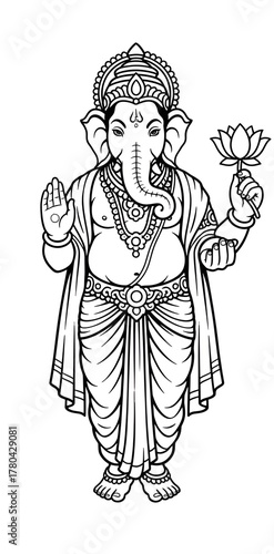 Ganesha sitting in lotus position surrounded by floral mandala, radiating peace and spirituality in intricate line art, perfect for coloring book page.