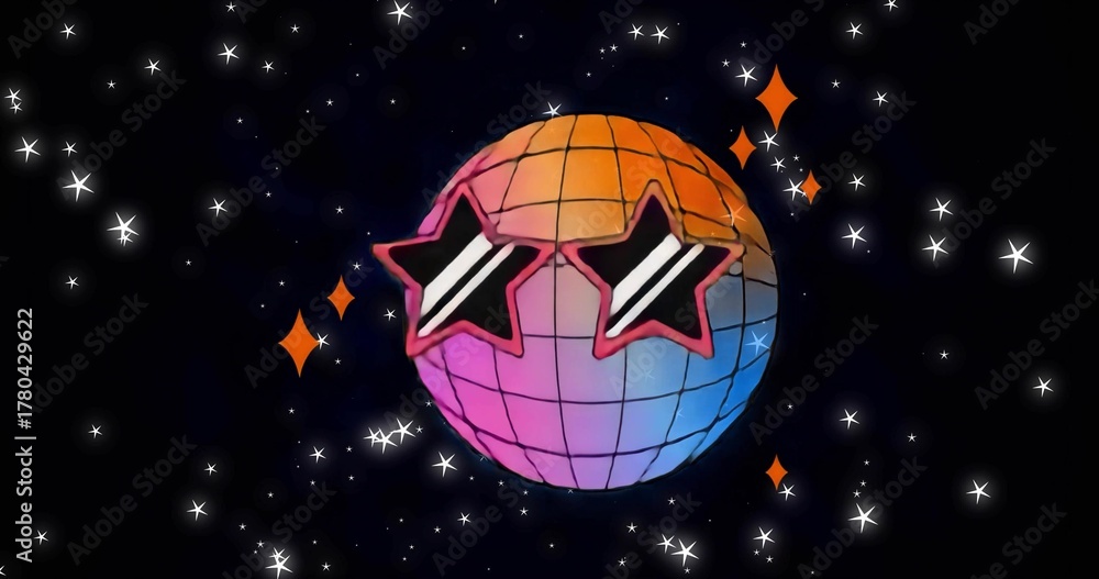 Fototapeta premium Floating grid disco ball wearing pink star sunglasses in space with white stars and orange sparkles