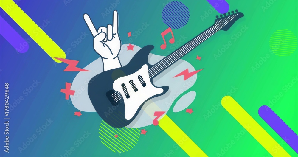 Fototapeta premium Showing electric guitar and hand making rock gesture in digital art, with music and lightning icons