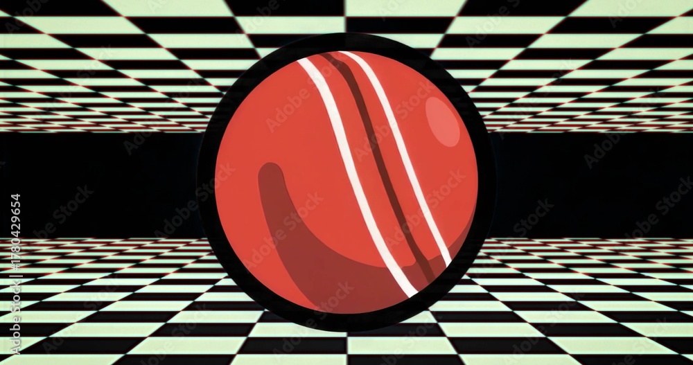 Fototapeta premium Floating red sphere spinning inside green checkerboard tunnel, showing black ring and white stripes