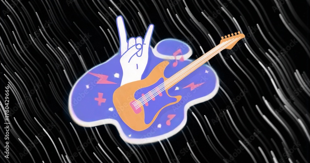 Naklejka premium Showing hand making horns and orange electric guitar over black wavy lines with pink notes, bolts