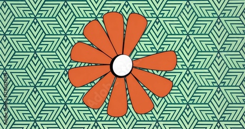 Featuring orange flower graphic centering on mint green and teal pattern, with twelve petals