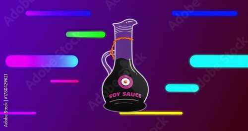 Showing glass soy sauce decanter with rope on purple-to-indigo gradient, with neon-colored bars
