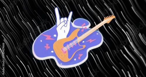 Showing hand making horns and orange electric guitar over black wavy lines with pink notes, bolts