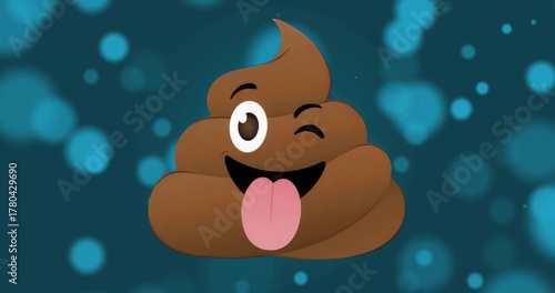 Showing brown poop emoji winking and sticking tongue out on dark teal background, with bokeh lights