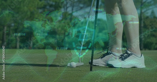 Golfer's legs aligning on putting green, projecting digital overlay with ball, putter and flagstick