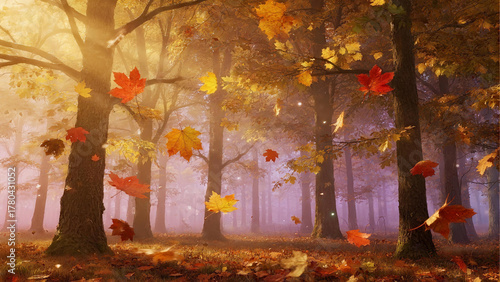 Autumn leaves falling in the forest