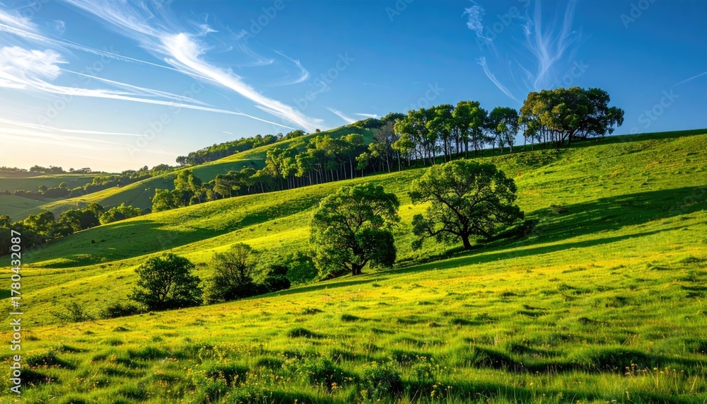 Obraz premium Lush Green Rolling Hills Bathed in Golden Sunlight Under a Clear Blue Sky with Wispy Clouds